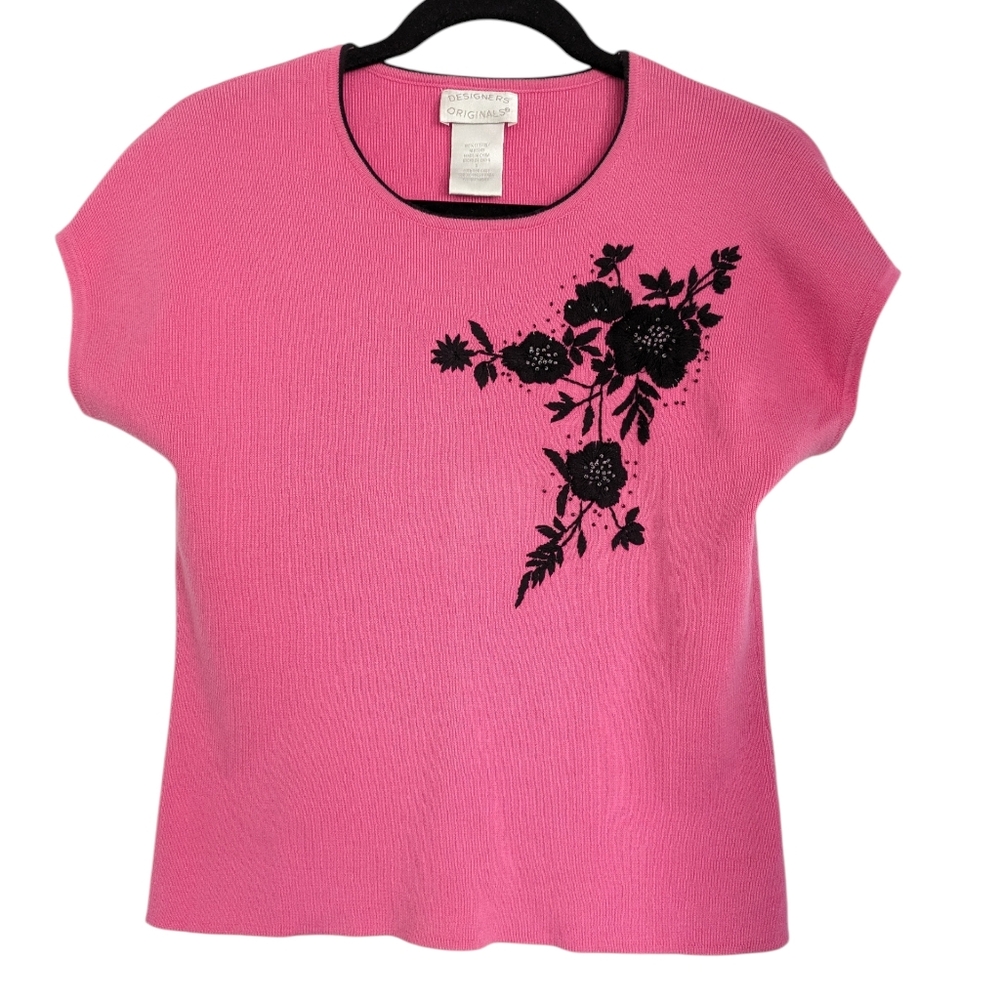 Vintage Designers Originals Pink With Black Embroidered Floral Sweater